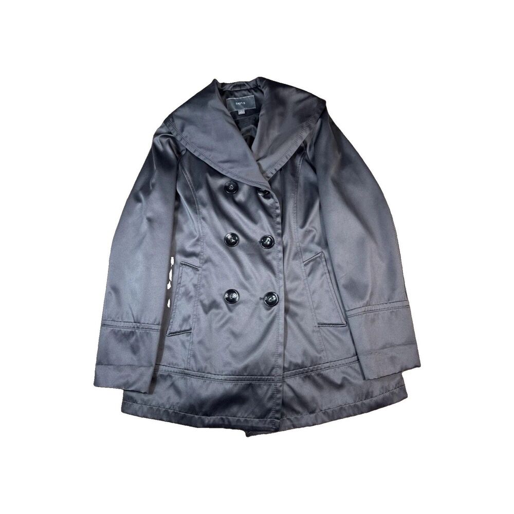 Apt 9 Satin Trench Coat Jacket Women's Large Gray Double Breasted Peacoat Style